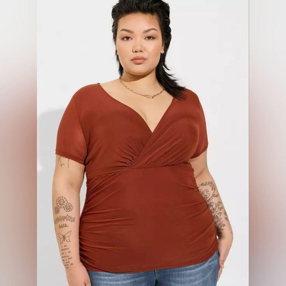 Stretch Mesh Surplice Neckline Shirred Top / PLUS SIZE 00/10/M/L (D6-5)